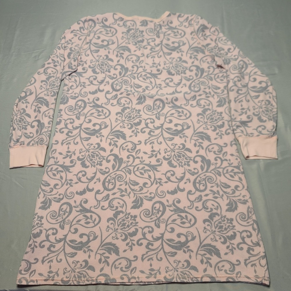 Charter Club Nightgown Women Medium Pink Grey Floral‎ Paisley Henley Waffle Knit
